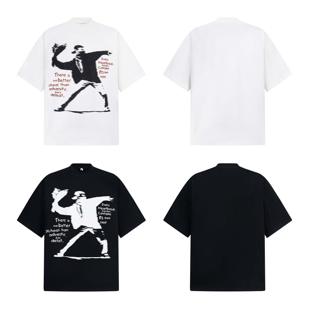 High Street Style Human Shadow Letter Print Short Sleeve T-Shirt Unisex Loose Casual Hip Hop Half Sleeve Tee