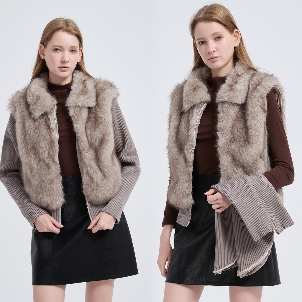 Women's Trendy Eco-Friendly Faux Fur Cropped Jacket with Detachable Knit Sleeves