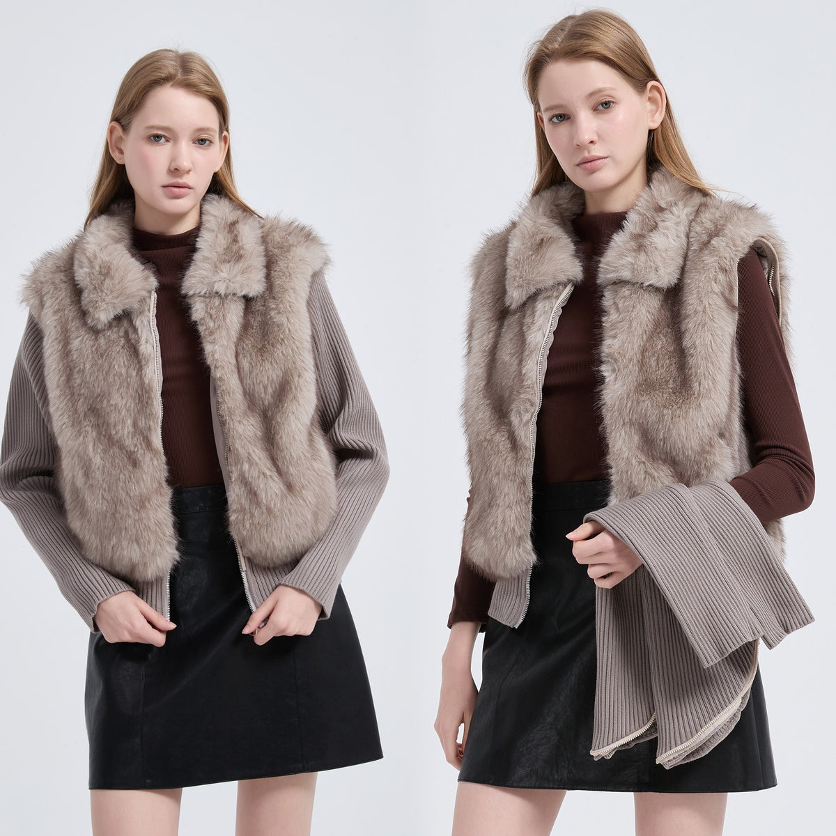 Women's Trendy Eco-Friendly Faux Fur Cropped Jacket with Detachable Knit Sleeves