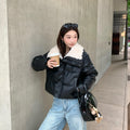 Women's Winter Fleece Lapel Padded Jacket, Protein Leather Feel Splicing Thickened Warm Coat