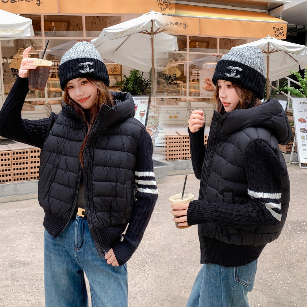 Women's Spliced Knitted Hooded Down Cotton Coat with Striped Webbing Slimming Puffer Jacket