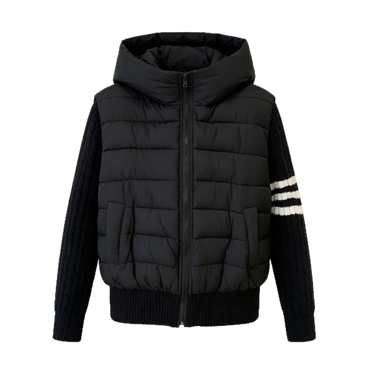 Women's Spliced Knitted Hooded Down Cotton Coat with Striped Webbing Slimming Puffer Jacket