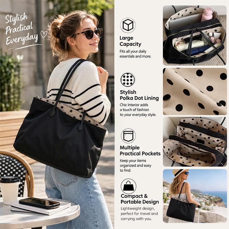 Large Black Nylon Tote Organizer Bag – Polka Dot Lining, Multi-Pocket Lightweight Shoulder Bag for Work, Travel & Daily
