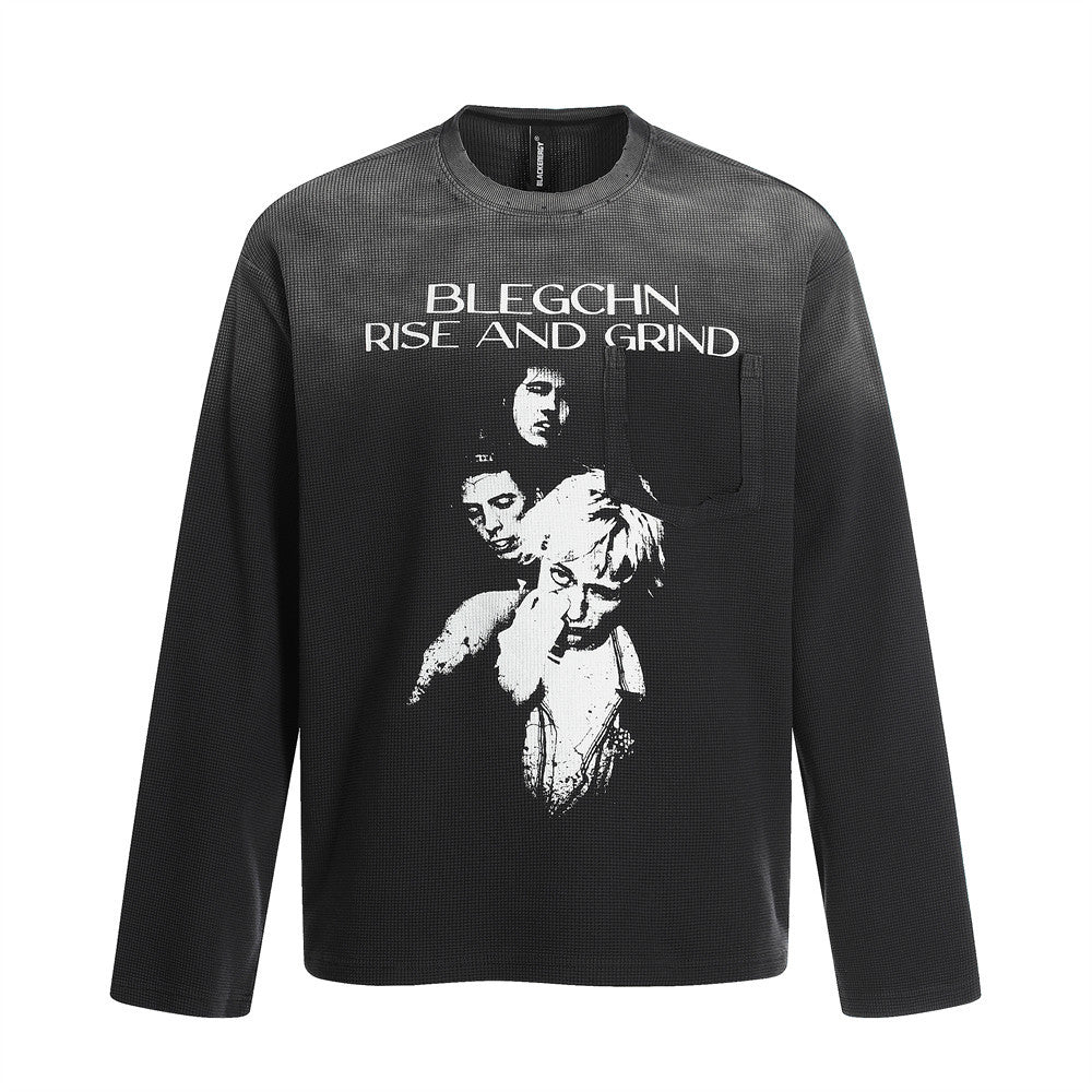 Gradient Tie-Dye Long Sleeve T-Shirt   Retro Human Portrait Print Aged Distressed Loose Top Men's Spring and Autumn Street Fashion