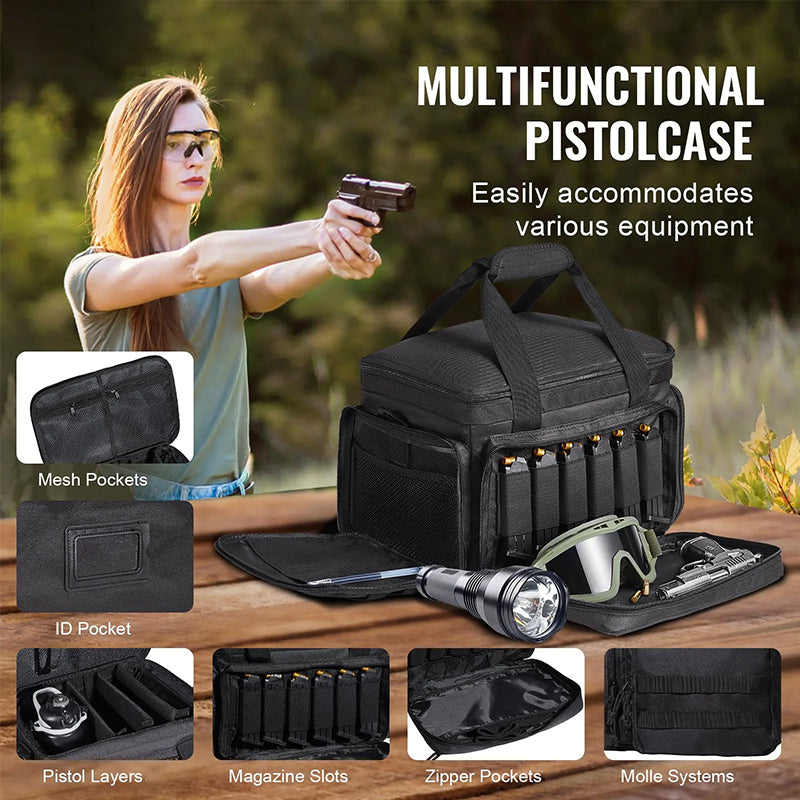 Tactical shoulder shooting bag, padded handgun case for range & hunting, lockable zipper, ammo pockets