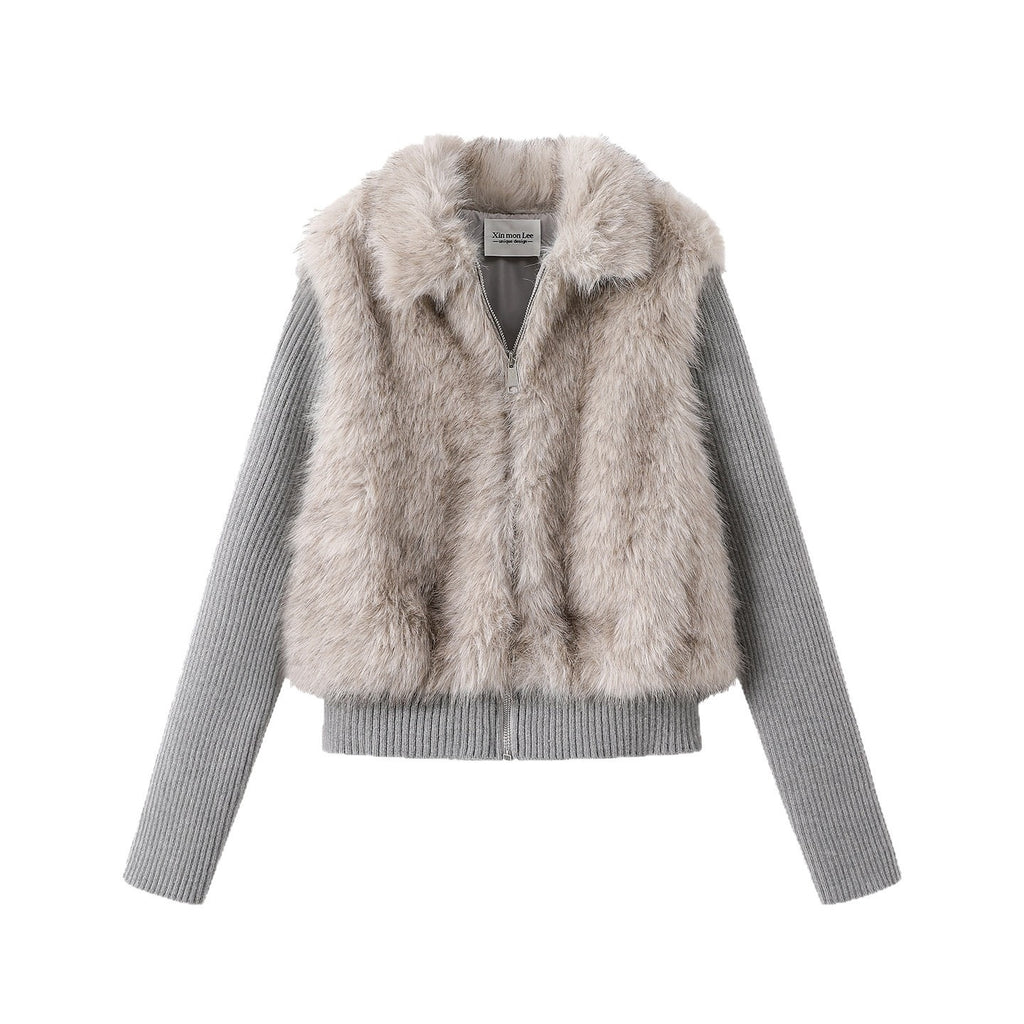 Women's Trendy Eco-Friendly Faux Fur Cropped Jacket with Detachable Knit Sleeves