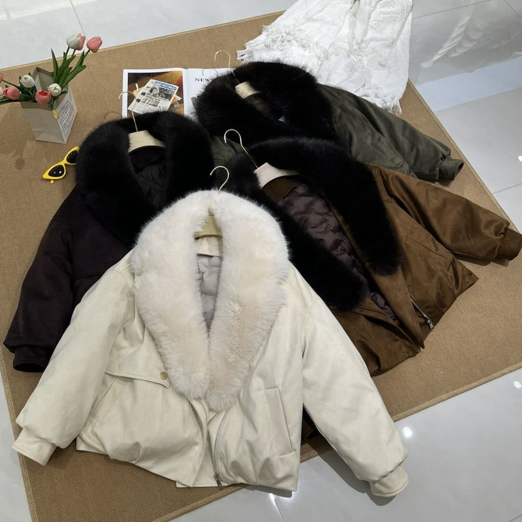 Women's Short Faux Fox Fur Collar Parka Coat