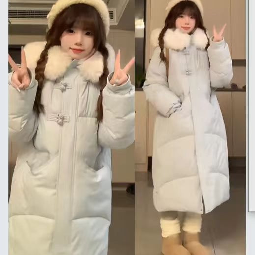Women's Long Puffer Coat with Large Fur Collar - Winter Fashion Quilted Jacket
