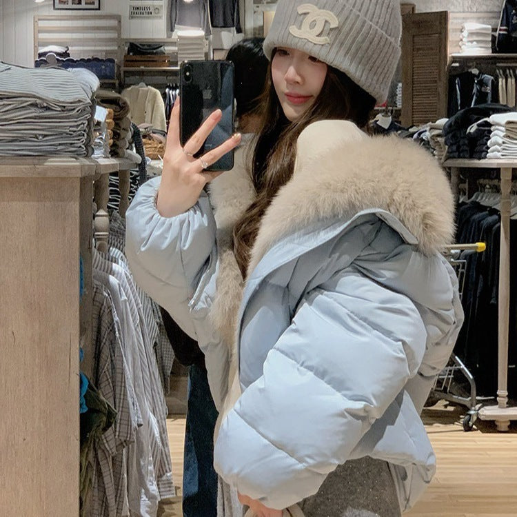 Women's Short Thickened Warm Puffer Jacket with Large Fur Collar, Loose Fit Outerwear