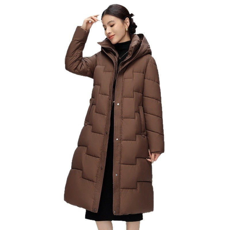 Women's  Wave Stitching Padded Jacket Hooded Mid-length Over-knee Coat
