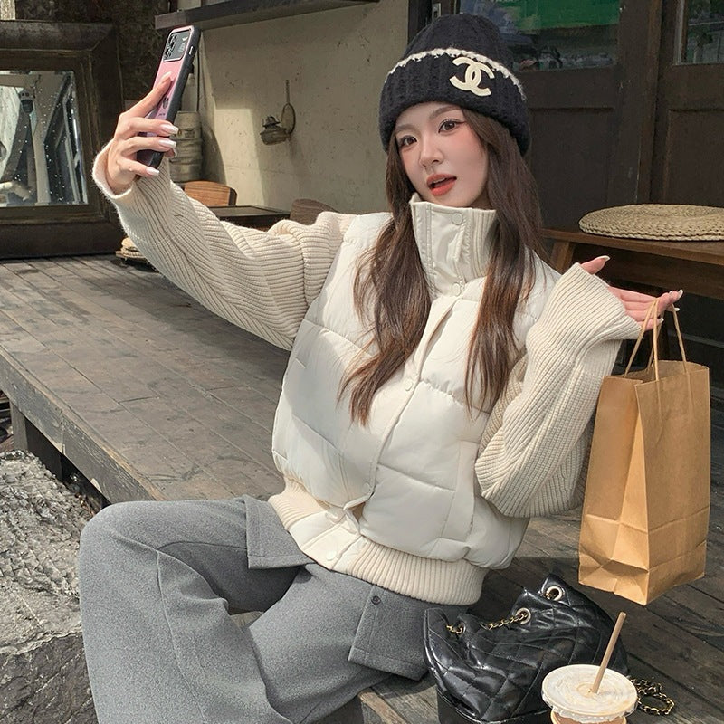 Trendy Color-Block Knit Sleeve Stand Collar Cropped Quilted Down Jacket