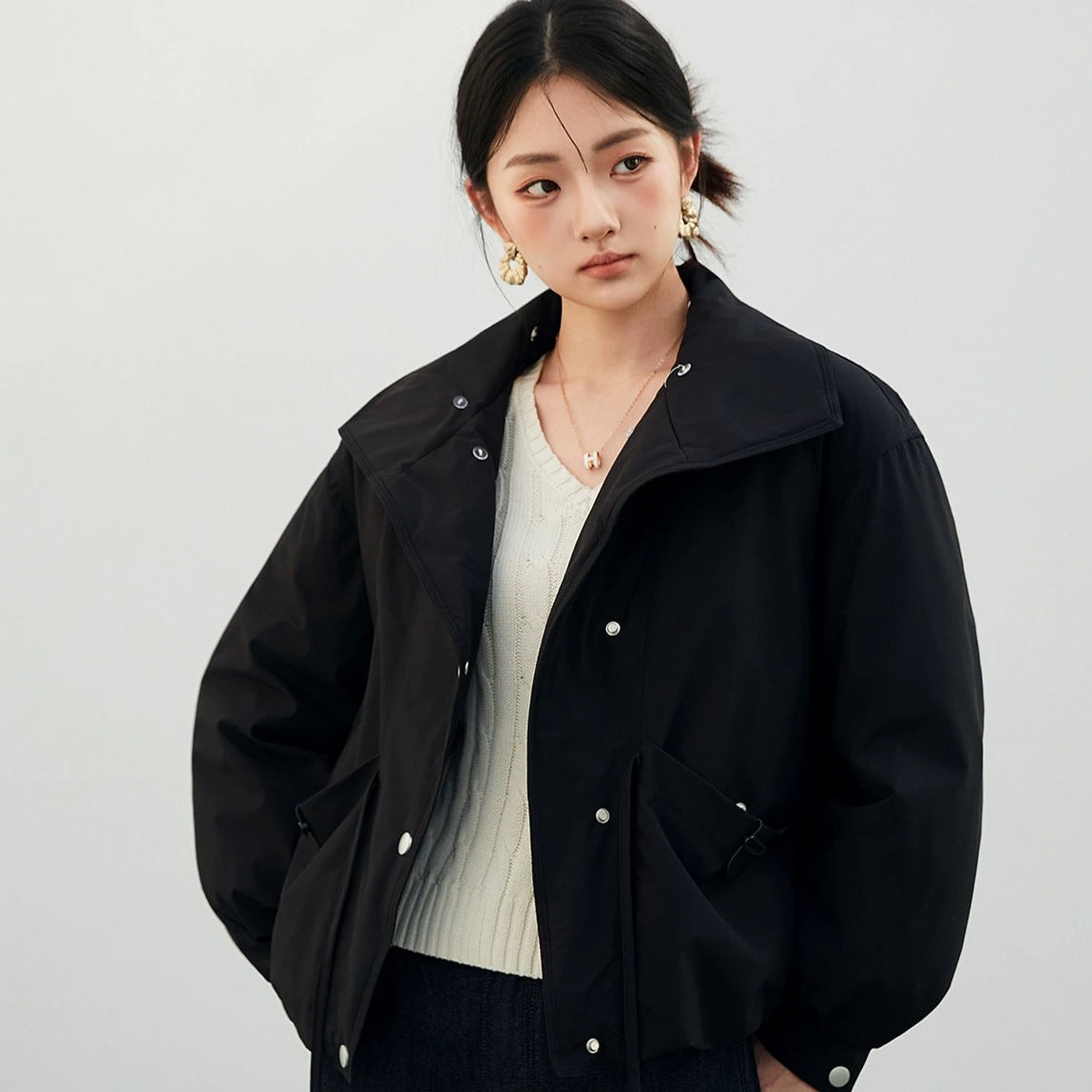 Women's Cropped Workwear Parka with Detachable Large Fur Collar, Thickened Cotton-Filled Windbreaker Coat