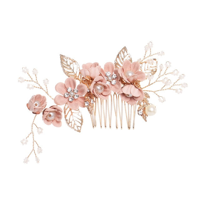 Luxury Blue Flower Hair Combs Headdress Prom Bridal Wedding Hair Accessories Gold Leaves Hair Jewelry Hair Pins
