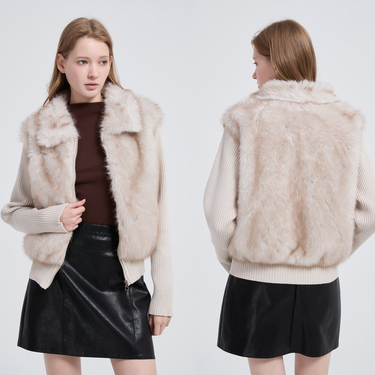 Women's Trendy Eco-Friendly Faux Fur Cropped Jacket with Detachable Knit Sleeves