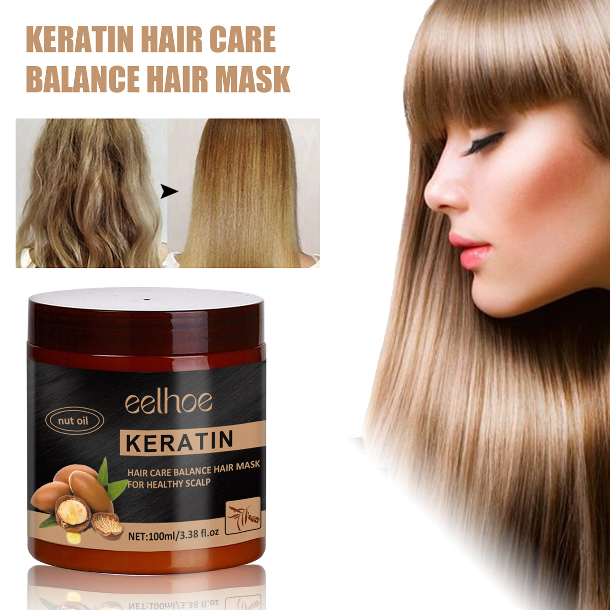 Keratin Hair Care Balance Hair Mask, Repair Frizzy Dry Hair Smooth Moisturizing And Nourishing Hair Mask