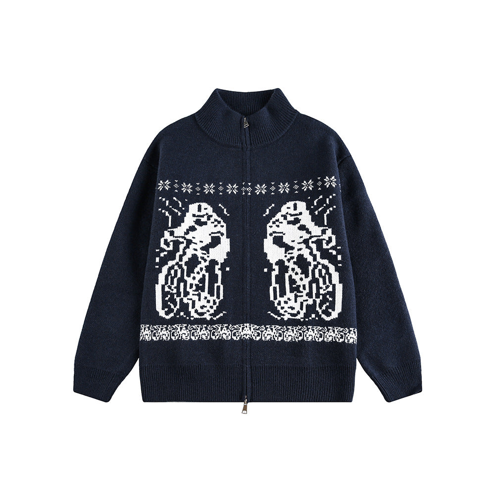 Human Figure Jacquard Relaxed Loose Casual Zip-Up Cardigan Sweater