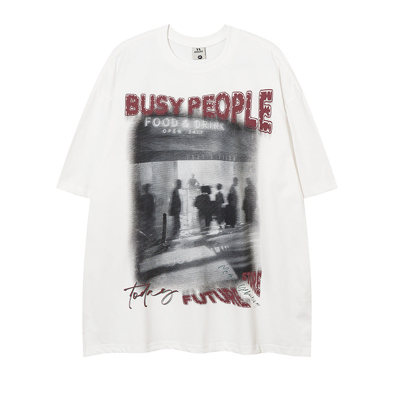 Gloomy Abstract Human Shadow Short Sleeve Cotton T-Shirt for Men High Street Trendy Casual Base Layer Half-Sleeve