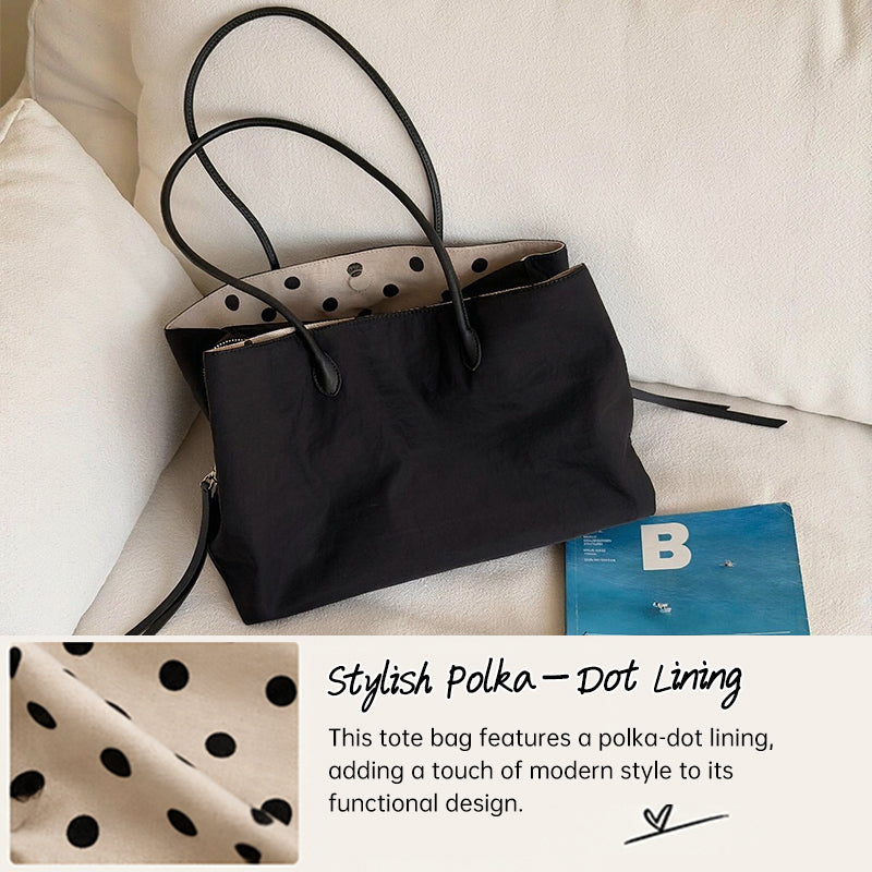Large Black Nylon Tote Organizer Bag – Polka Dot Lining, Multi-Pocket Lightweight Shoulder Bag for Work, Travel & Daily