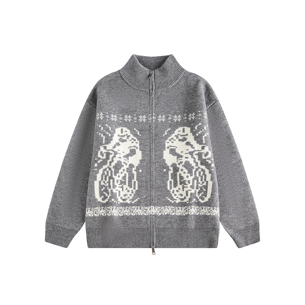 Human Figure Jacquard Relaxed Loose Casual Zip-Up Cardigan Sweater