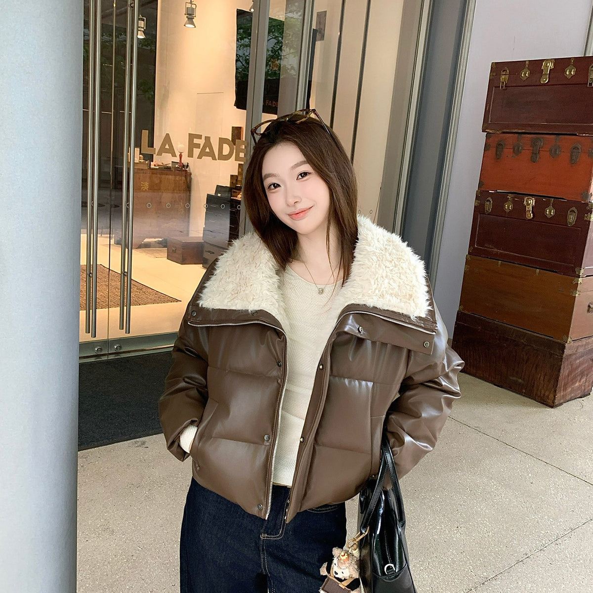 Women's Winter Fleece Lapel Padded Jacket, Protein Leather Feel Splicing Thickened Warm Coat