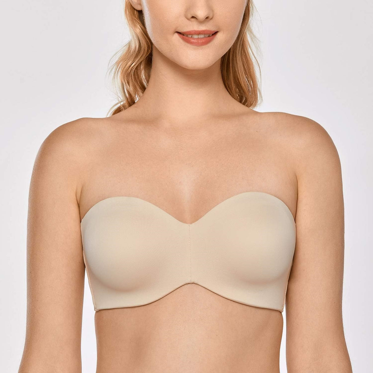 Women's strapless bra with unlined steel rims and reduced chest size
