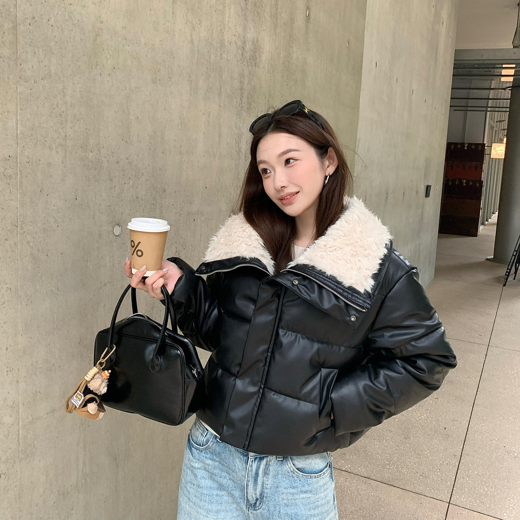 Women's Winter Fleece Lapel Padded Jacket, Protein Leather Feel Splicing Thickened Warm Coat