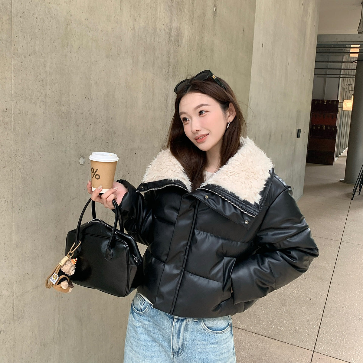 Women's Winter Fleece Lapel Padded Jacket, Protein Leather Feel Splicing Thickened Warm Coat