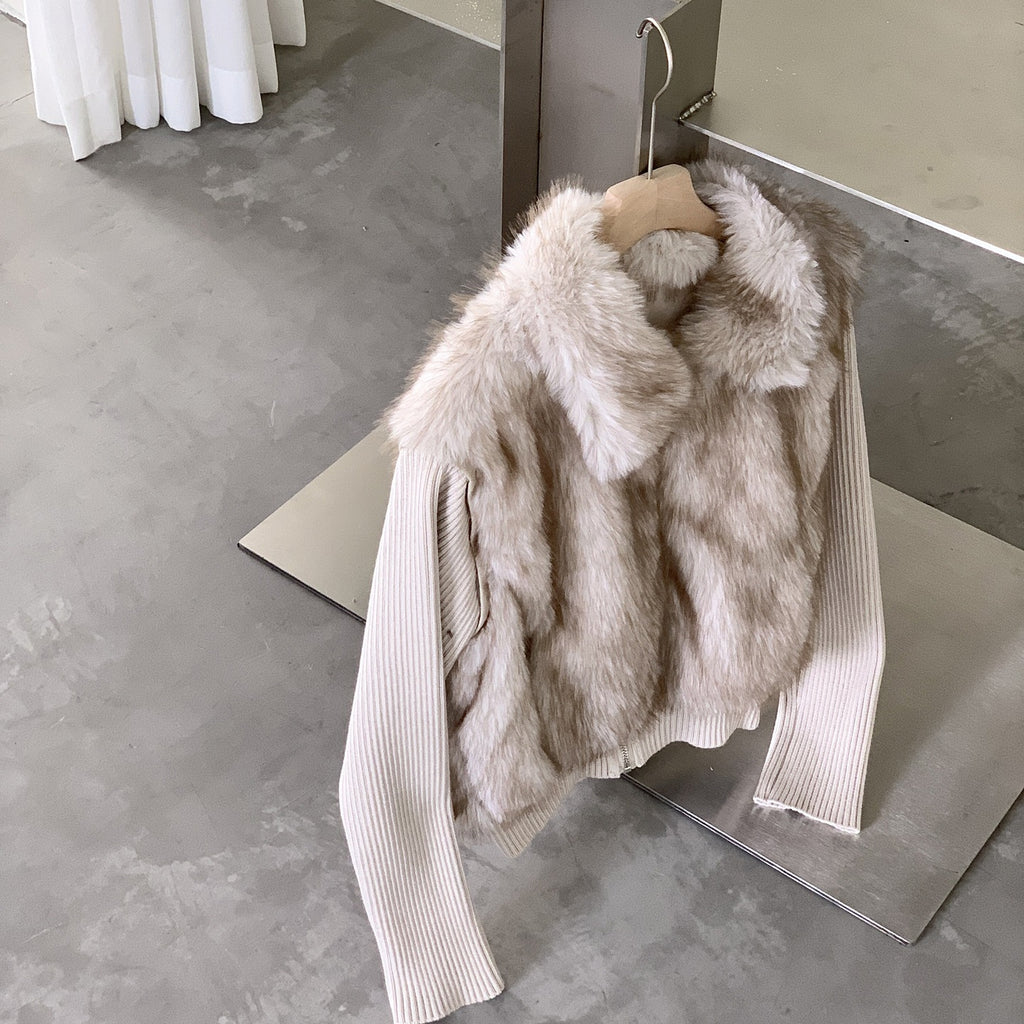 Women's Trendy Eco-Friendly Faux Fur Cropped Jacket with Detachable Knit Sleeves