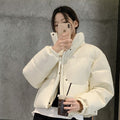 Women Winter PU Leather Short Stand Collar Puffer