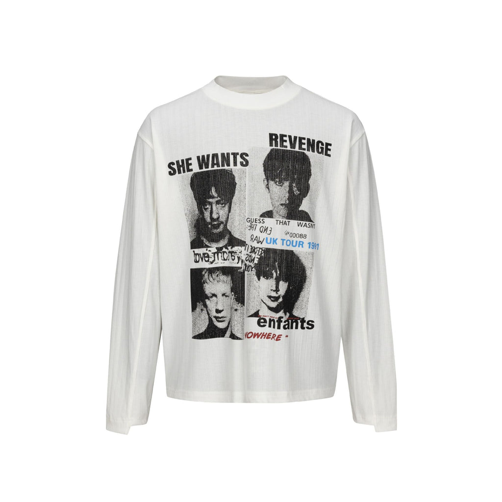 Human Figure Print Long Sleeve  Semi-High Neck Loose Fit T-Shirt