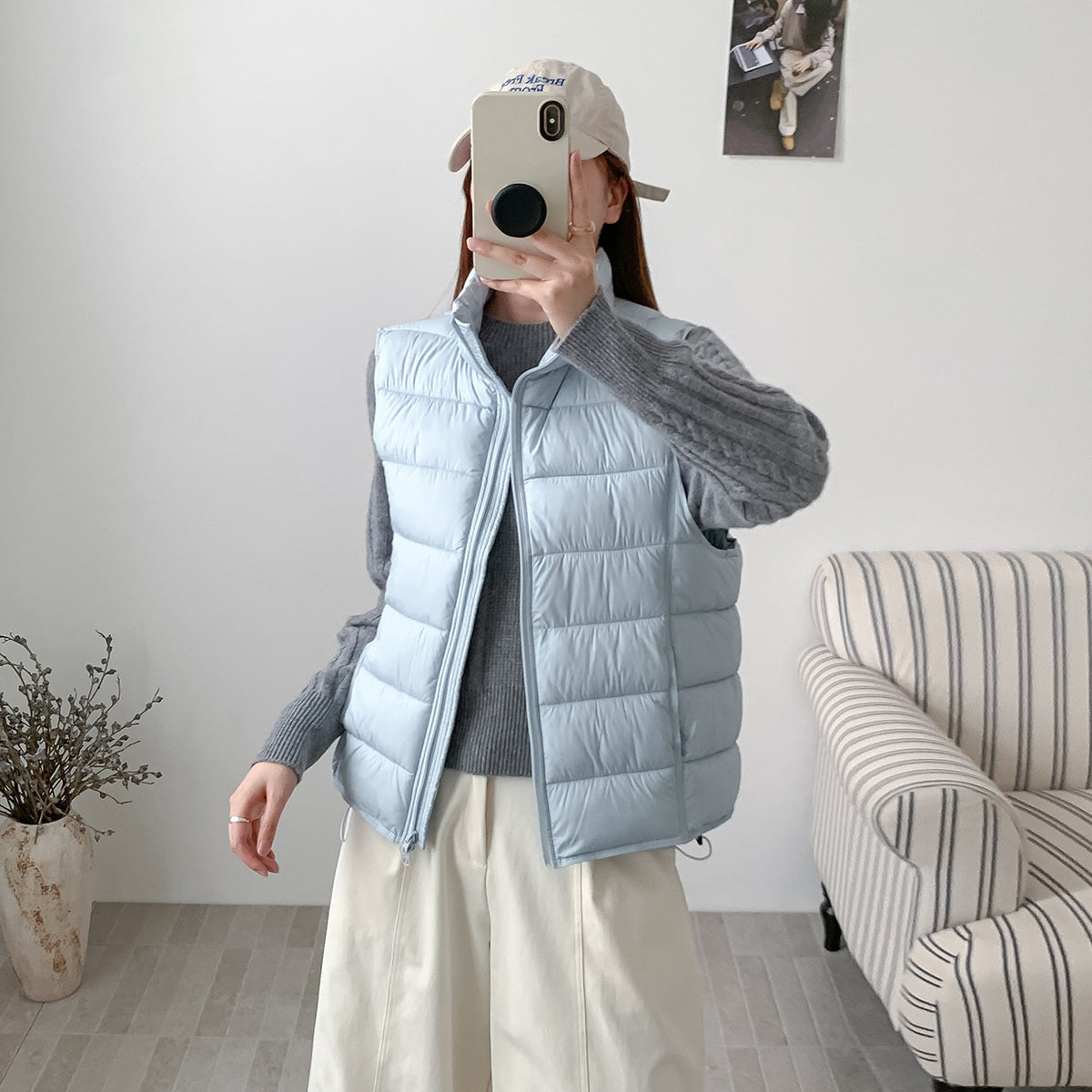 Women's Stylish Puffer Cotton Vest with Stand Collar