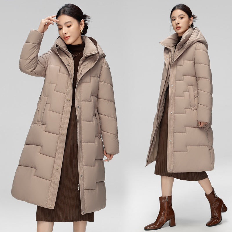 Women's  Wave Stitching Padded Jacket Hooded Mid-length Over-knee Coat