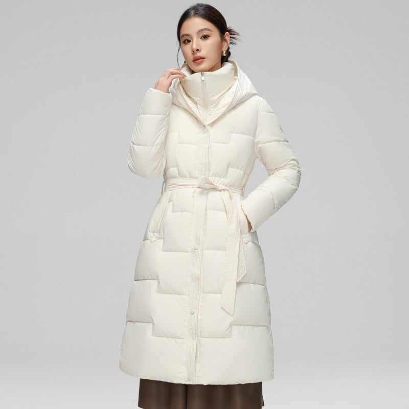 Women's  Wave Stitching Padded Jacket Hooded Mid-length Over-knee Coat