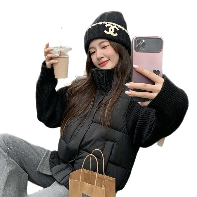 Trendy Color-Block Knit Sleeve Stand Collar Cropped Quilted Down Jacket