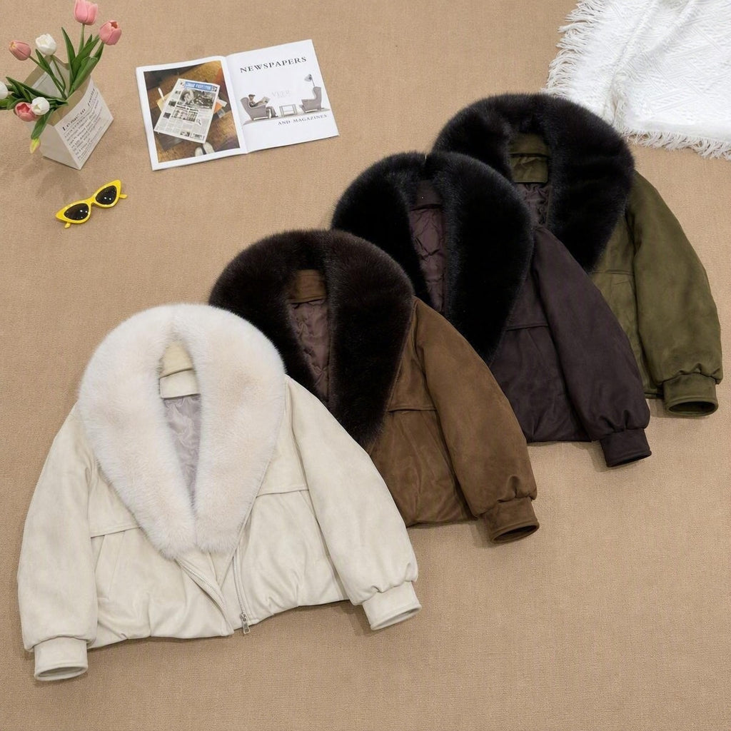 Women's Short Faux Fox Fur Collar Parka Coat