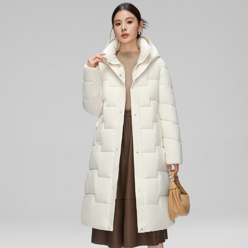 Women's  Wave Stitching Padded Jacket Hooded Mid-length Over-knee Coat