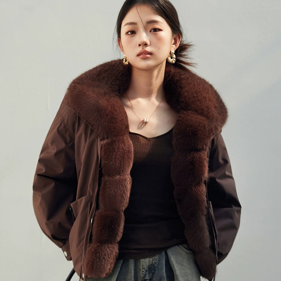 Women's Cropped Workwear Parka with Detachable Large Fur Collar, Thickened Cotton-Filled Windbreaker Coat
