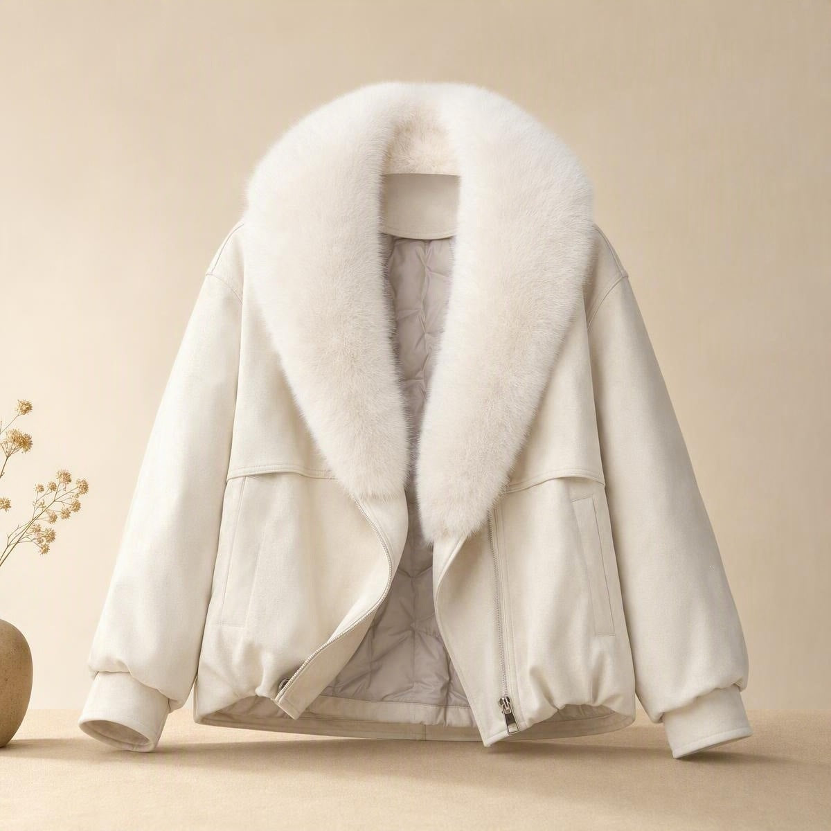Women's Short Faux Fox Fur Collar Parka Coat