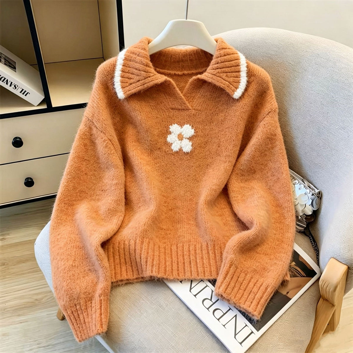 Color blocked flower lapel sweater for women