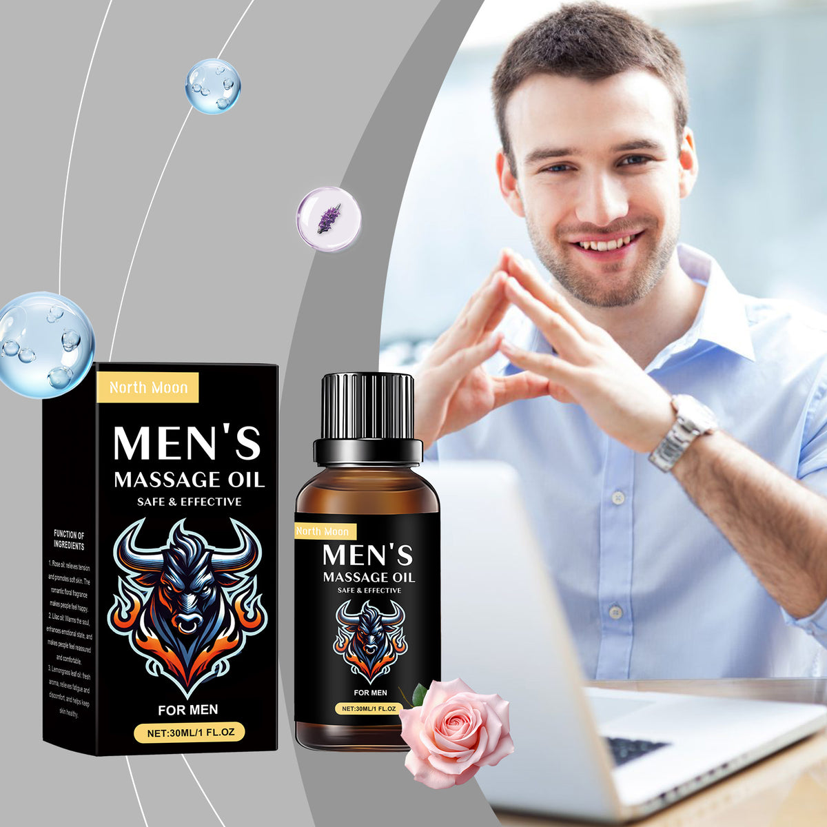 North Moon Men's Massage Oil Men's Body Moisturizing Topical Massage Skin Care Essential Oil