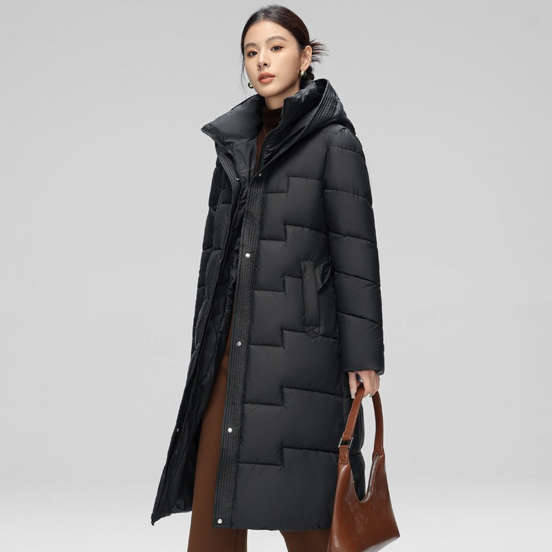 Women's  Wave Stitching Padded Jacket Hooded Mid-length Over-knee Coat