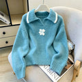 Color blocked flower lapel sweater for women