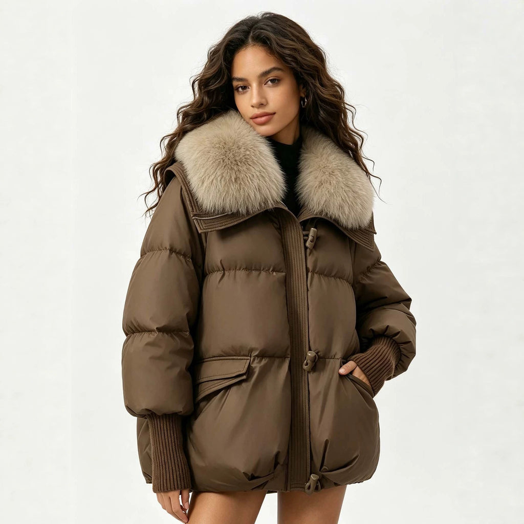 Women's Loose Cropped Puffer Jacket with Oversized Fur Collar