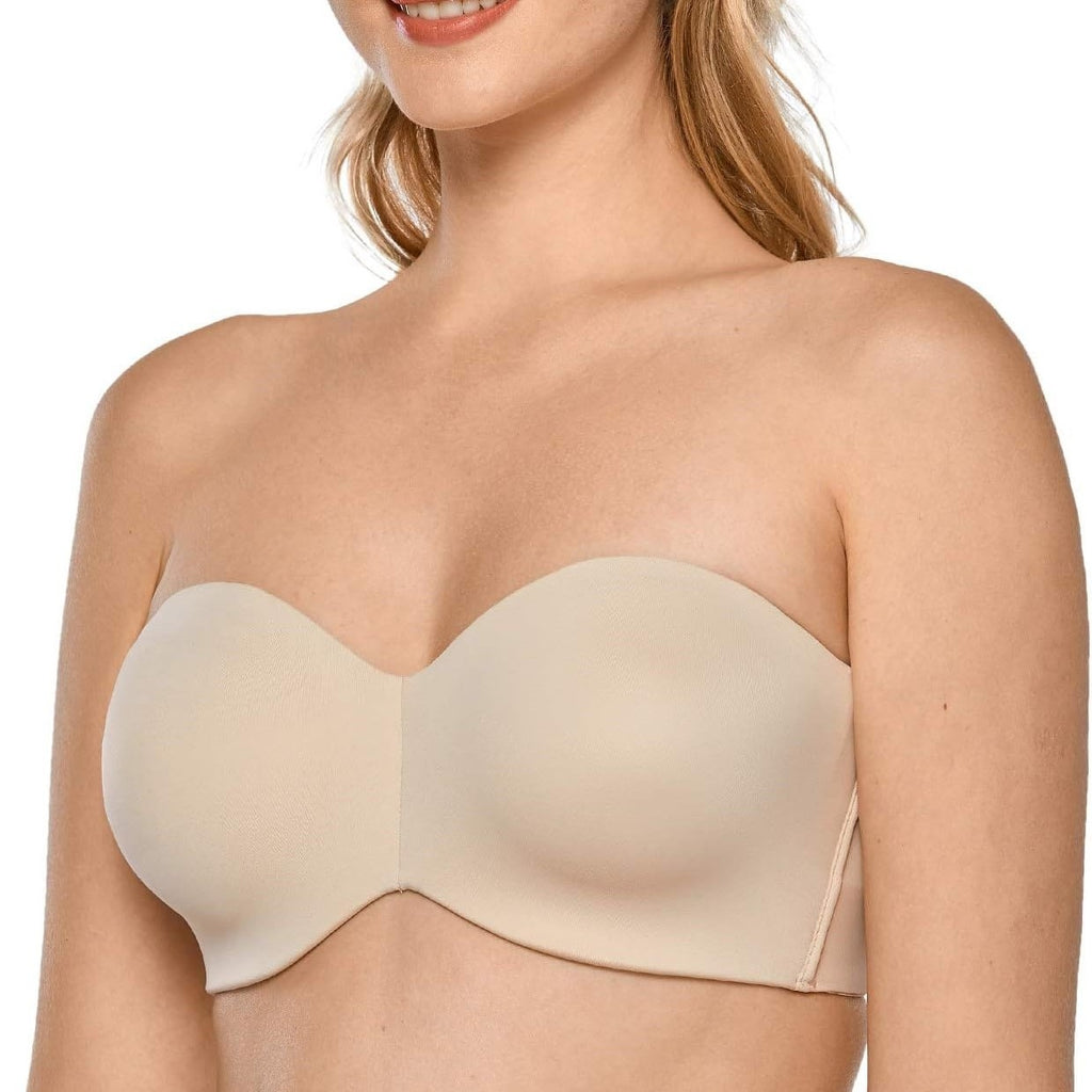 Women's strapless bra with unlined steel rims and reduced chest size