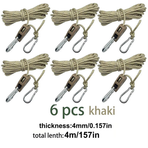 4M 6Pcs Reflective Tent Rope Set – Camping Guy Lines with Tension Buckles, Ratchet Hangers & Awning Tie-Downs, Outdoor